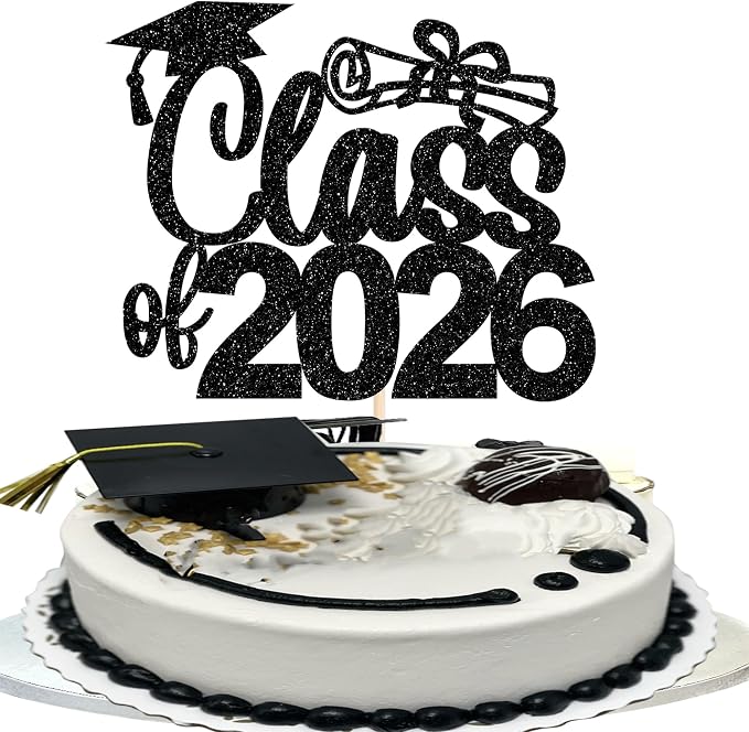 1 Pack Class of 2026 Cake Topper Glitter Congrats 2026 Graduation Cake Pick for Graduation Grad 2026 Theme Boys Girls Graduate Party Cake Decorations Supplies Black
