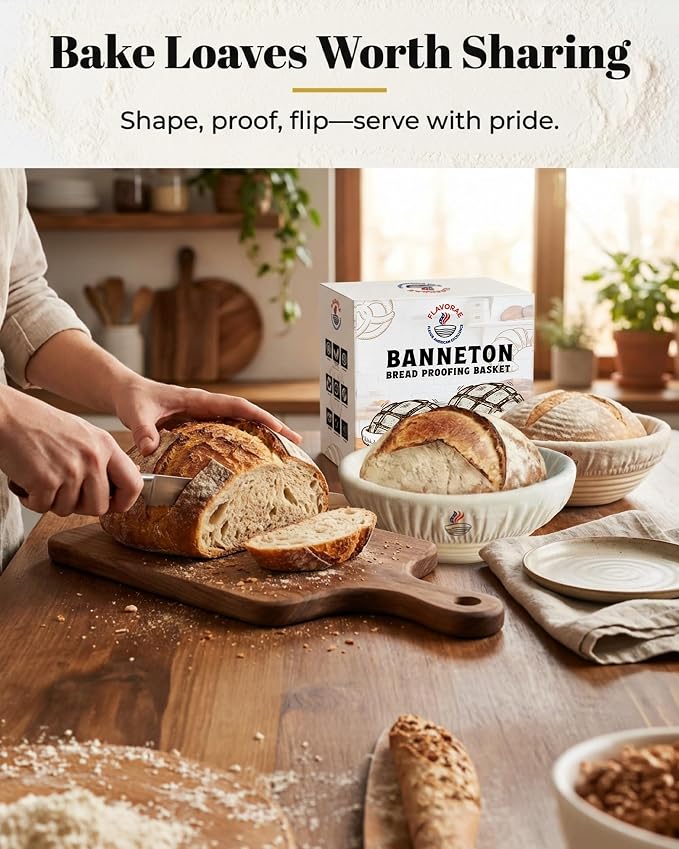 Banneton Bread Proofing Basket with Liners - Natural Rattan Dough Riser, Sourdough Bread Basket, Artisan Bread Loaves, Homemade Bread Making - 2 Pack 9 " Round Basket