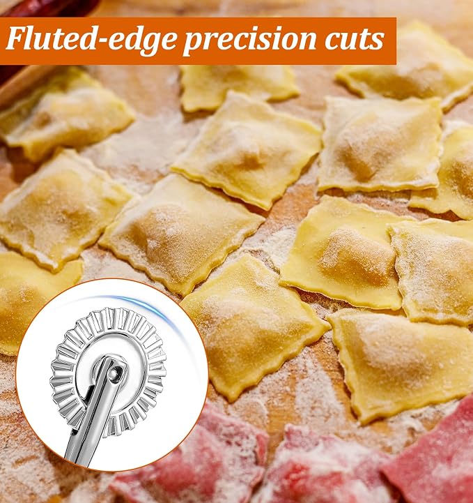 Fluted Pastry Cutter, 6.3 Inch Stainless Steel Fluted Pastry Wheel with Ergonomic Oak Wooden Handle for Ravioli, Pasta, Dumpling, Noodles, Kitchen 360 Degree Effortless Food Cutting