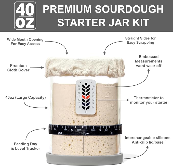 Premium Sourdough Starter Jar - 40oz Large Sourdough Jar with Marked Feeding Band, Scraper, Cloth Cover and Silicone Lid/Base, Wide Mouth Starter Kit - Grey