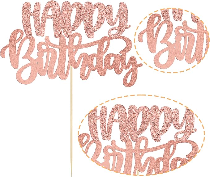Gyufise 1Pcs Happy Birthday Cake Topper Glitter Cake Pick for Celebrating Anniversary Theme Party Cake Decorations Supplies Rose Gold