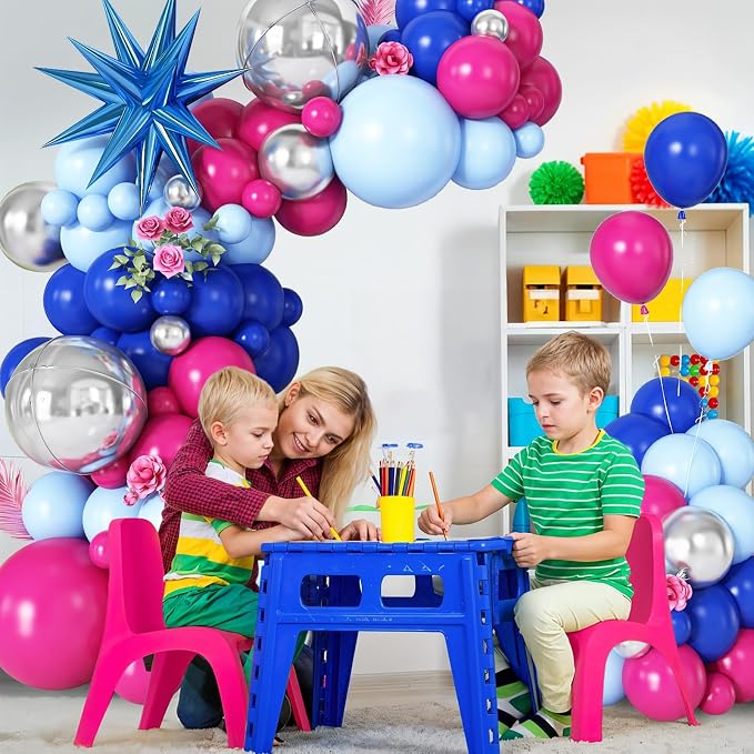 Royal Blue Hot Pink Balloon Arch Garland Kit with Blue Star Foil Balloons Silver 4D Round Balloons for Hawaii Theme Baby Shower Birthday Party Decorations