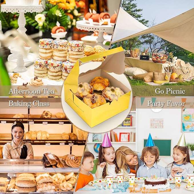 KPOSIYA 65PCS Bakery Boxes with Window 6x6x3 Inches 5 Style Cookie Boxes Small Pastry Boxes for Candy, Dessert, Pastry, Donuts, Birthday Party, Wedding(Gold)