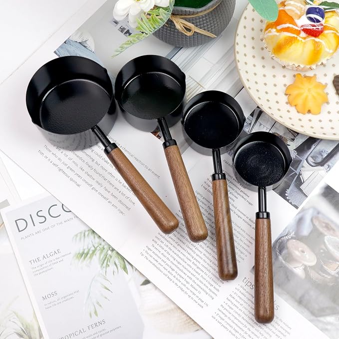 Set of 4 Measuring Cups and Spoons Black Measuring Cups with Wooden Handle Stainless Steel Measuring Spoons and Scoops Set for Kitchen Flour Spice Seasoning Measurement (1+1/2+1/3+1/4 Cup)