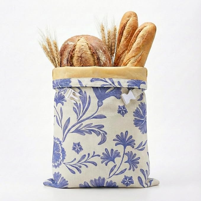Beeswax Bread Bags for Sourdough & Homemade Bread (2 Pack), XL 13"x17" Large Reusable Cotton & Linen Bread Bag, Keep Loaves Fresh Longer, Natural & Easy to Clean (Classic Blue Floral)