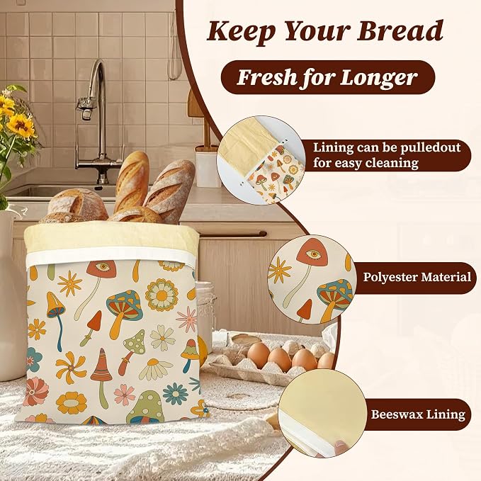 Bread Bags for Homemade Bread- Vintage Mushrooms 2 Pack Linen and Beeswax Sourdough Storage Bags, Reusable Keeper, Keeps Breads Fresh Longer, Gifts for Bakers