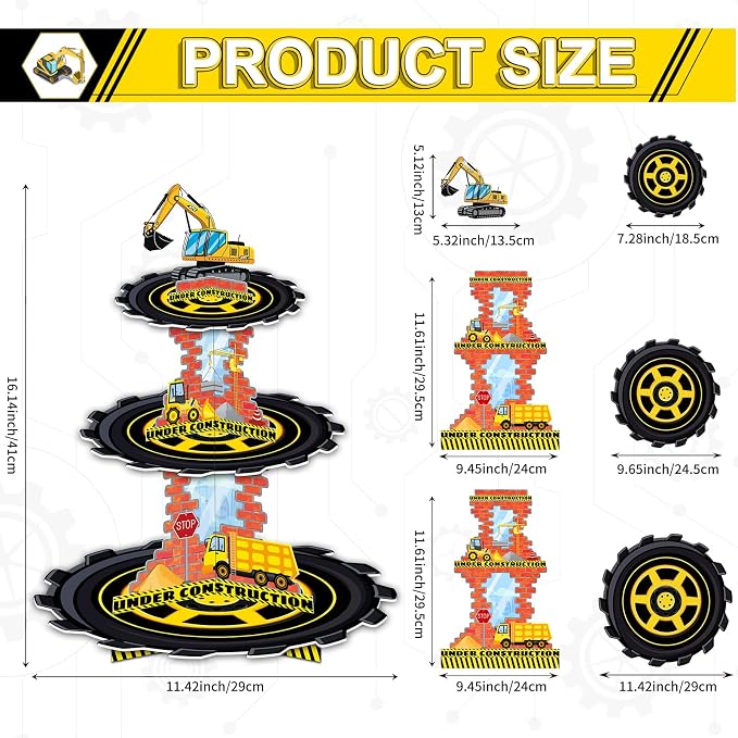 2 Pack Construction Birthday Decorations Party Supplies Favors: 3 Tier Building and Construction Vehicles Theme Cup Cake Stand with Topper, Waterproof Cardboard Cupcake Stand, High Stability