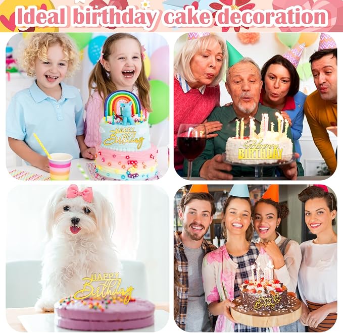 6Pcs Gold Acrylic Cake Toppers - Happy Birthday Sign Picks & Decorations for Celebrating Birthday & Anniversary Parties