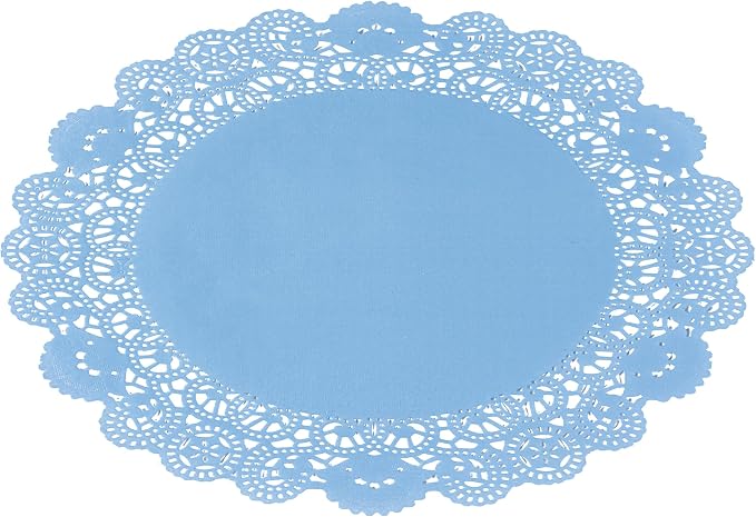 Pastry Tek 12 x 12 Inch Paper Lace Doilies, 100 Disposable Table Doilies - Elegant Lace Finish, Long Lasting, SkyBlue Paper Doily, for Pastries, Cupcakes, Desserts - Restaurantware