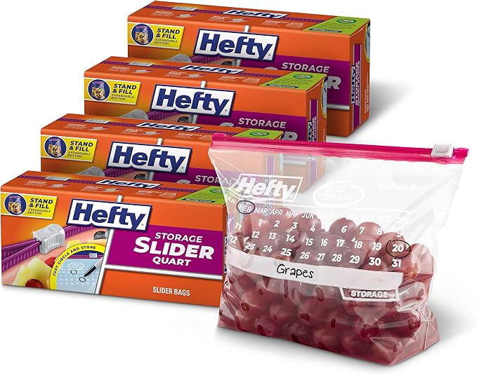 Hefty Calendar Slider Quart Storage Bags, 40 Count (Pack of 4), Quart Slider Bags with Calendar Dates, Holds Raw Meat, Cheese, Fruits, Veggies, and More, Secure Zip and Click Closure, 160 Bags