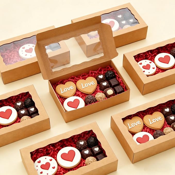 20pcs Cookie Boxes with Window 8x5x2 Inches Bakery Boxes Treat Box Dessert Box for Macaron Truffle Chocolate Covered Strawberries - Brown