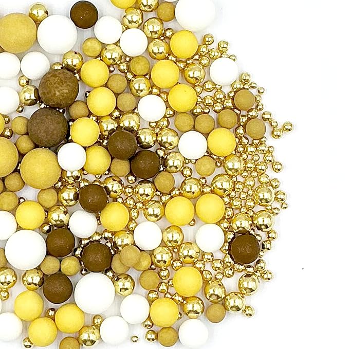 Edible Yellow Brown White and Gold Pearl Sprinkles 142g/ 5.01oz Mixed Color Size Pearl Sprinkles for Cake Decorating Candy Baking Decorations and Cookie Decorating for Wedding Parties Christmas