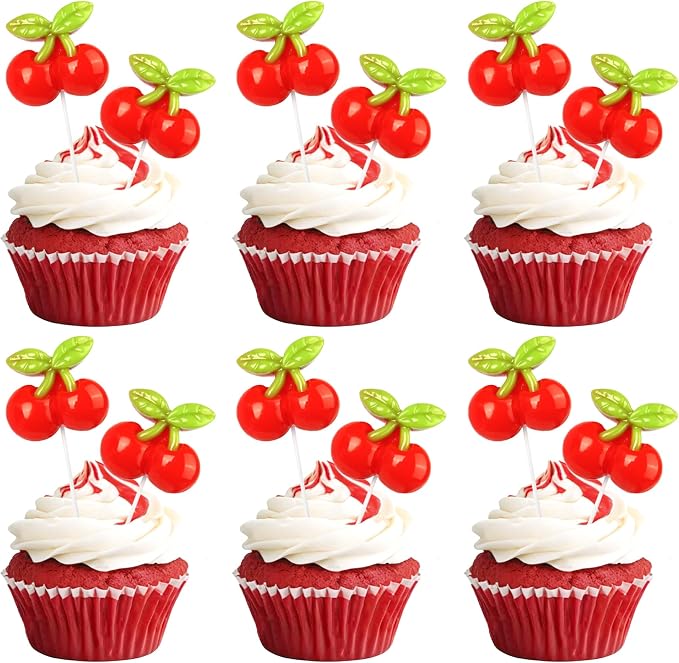30 Pack Cherry Birthday Cupcake Toppers Red Glitter Cherry Cupcake Picks for Fruit Baby Shower Kids 1st Birthday Summer Cake Decorations Party Supplies