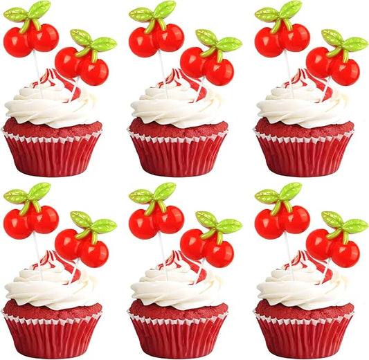30 Pack Cherry Birthday Cupcake Toppers Red Glitter Cherry Cupcake Picks for Fruit Baby Shower Kids 1st Birthday Summer Cake Decorations Party Supplies