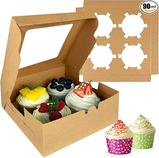 MUMULULU 8 PCS Brown Paper Cupcake Boxes with 4 Cavity Cookie Gift Boxes with Clear Window 4 Treat Holder Cupcake Containers Bakery Cake Box for Birthday Party Bakery Supplies