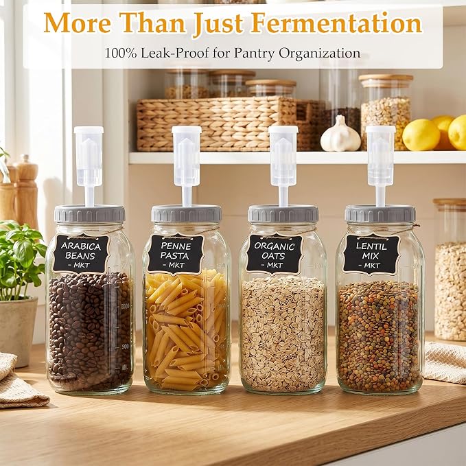 Mifoci 4 Pack Fermentation Jar Kit 64 oz Mason Glass Fermenting Jars with Fermenting Lids Airlock Lids Glass Weights Airlocks Silicone Rings for Easy Making and Storing Pickles Sauerkraut Kimchi