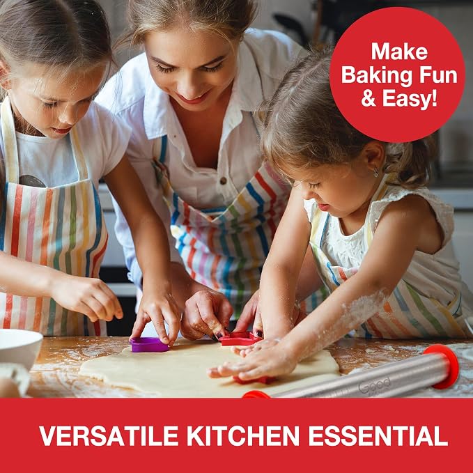 Good Cooking Adjustable XL Rolling Pin with 3 Spacer Rings, 17 Inch Stainless Steel Nonstick French Pastry Roller for Dough, Cookies, Pie Crust, Pizza, Fondant, Baking and Kitchen Prep