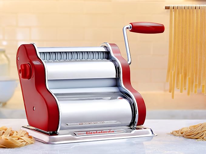 PASTALINDAClassic 200 Pasta Maker Machine, 20 cm Wide Rollers, 9 Thickness Positions, 2 Cutting Positions, Stainless Steel. Includes Reinforced Hand Crank And Two Clamps (Bordeaux)