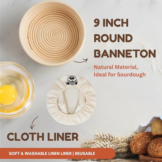EROIR Sourdough Starter Jar Kit - 38oz Glass Jar with Date Marked Feeding Band, Thermometer, Jar Scraper, 9" Round Bread Proofing Basket, Dough Whisk, Lame, Bowl Scraper, Clean Brush, Recipes Book