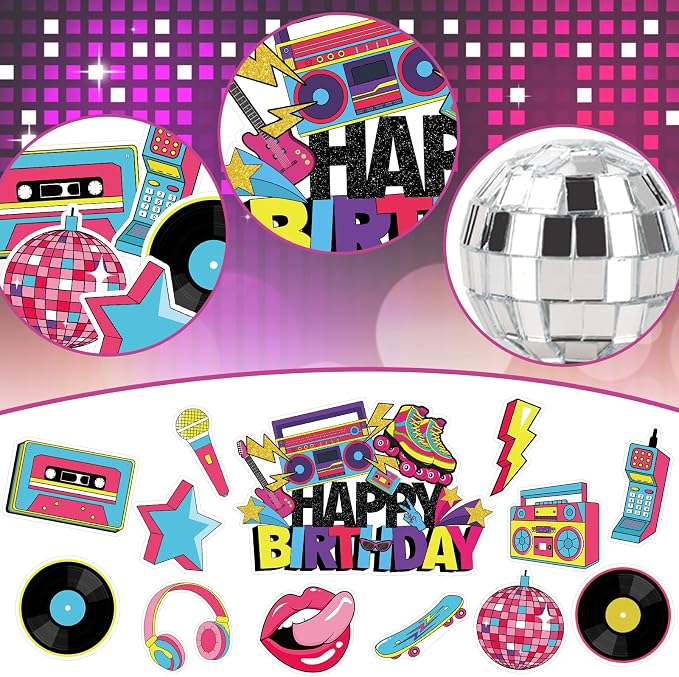 80s Cake Decorations 27PCS 90s Cake Topper Retro Hip Hop Cakes Decorations 1980s Disco Ball Cakes Toppers for 80s 90s Party Decorations