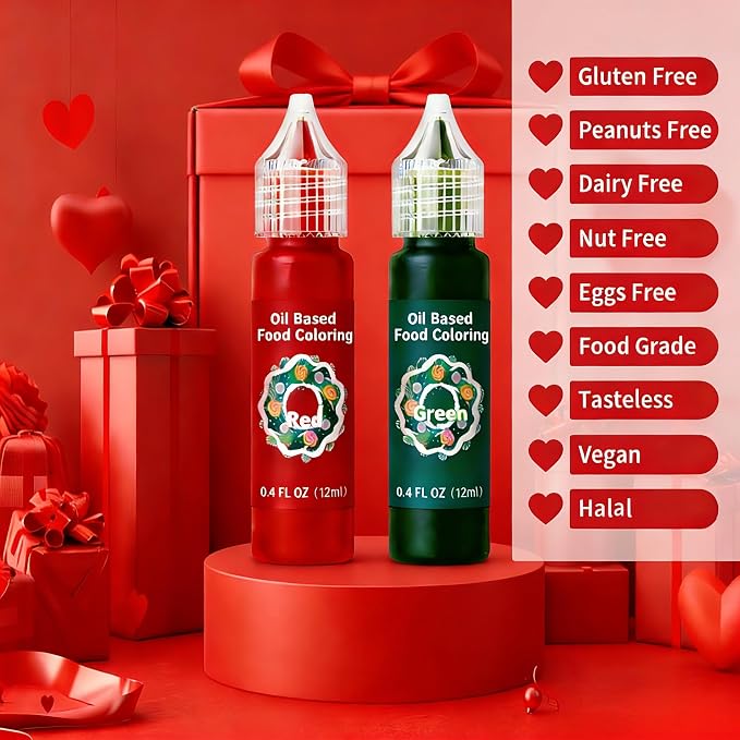 Oil Based Food Coloring for Chocolate - 2 Vibrant Valentine‘s Day Food Colors (Red, Green - 12ml (0.4floz) Bottles - Edible Dye for Baking, Cookies, Frosting & Cake Decorating - Non-GMO,Vegan