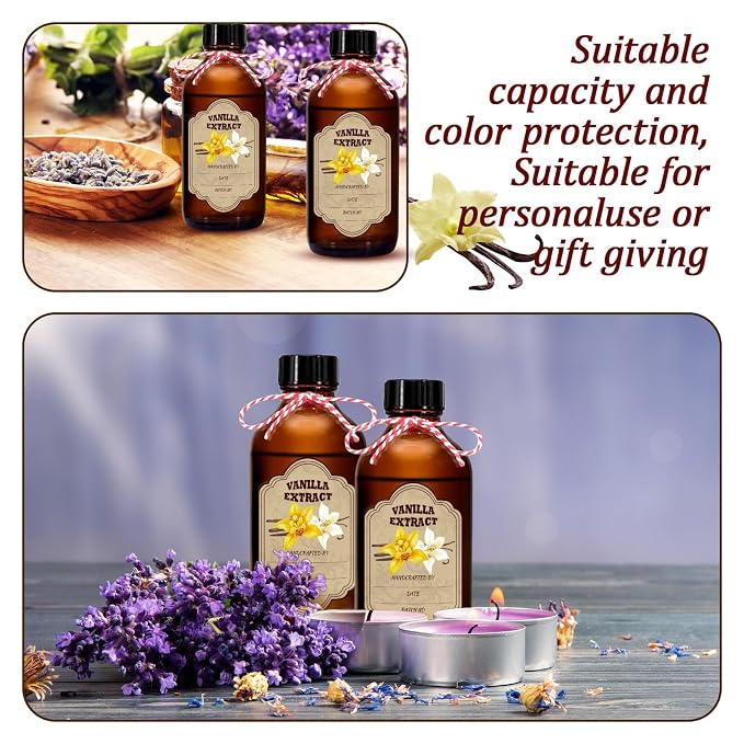8 oz Amber Glass Boston Round Bottles, 8-Pack Empty Vanilla Extract Bottles with Caps for Gift Giving, Syrup, Sauce