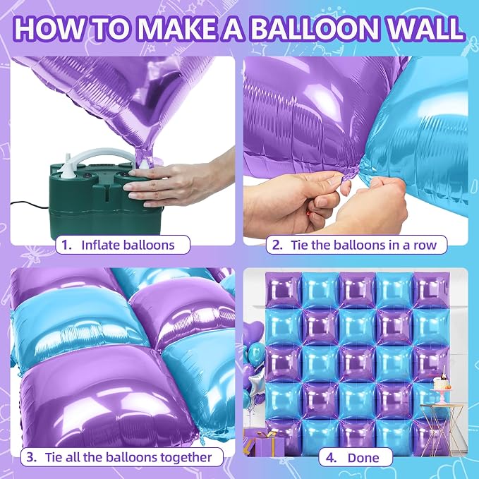 NISOCY 25PCS Light Purple and Blue Square Foil Balloons Wall Backdrop Double Sided Purple and Light Blue Frozen Balloons Arch Kit for Birthday Baby Bridal Shower Kids Winter Theme Party Decorations