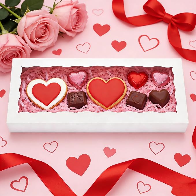 20pcs Cookie Boxes 12 x 5 x 1.5 Inch Bakery Boxes with window Chocolate Covered Strawberries Box for Christmas Valentine's Mother's Day- White