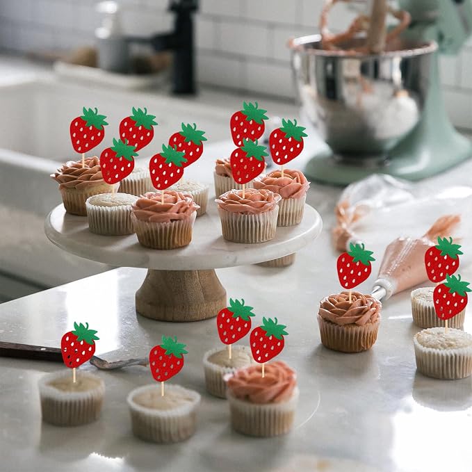 24 PCS Strawberry Cupcake Toppers Red Glitter Fruit Theme Berry Strawberry Cupcake Picks for Summer Sweet Fruit Baby Shower Kids Birthday Party Cake Decorations Supplies Red