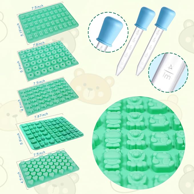 7Pcs Gummy Bear Molds Silicone, Nonstick Animals Gummy Molds Includes Bear, Lions, Lucky Cats, Hippopotamus, Gummy Candy Chocolate Molds for Kids with 2 Droppers for Convenient Filling