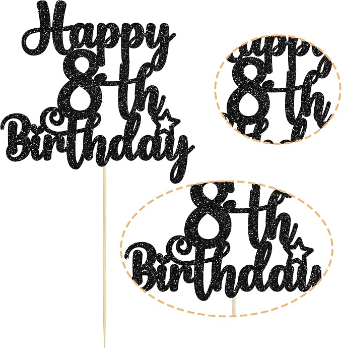 Gyufise 1Pc Happy 8th Birthday Cake Topper - Glitter 8 & Fabulous Cheers to 8 Years Old - Cake Pick for Celebrating Anniversary Party Decorations Supplies Black