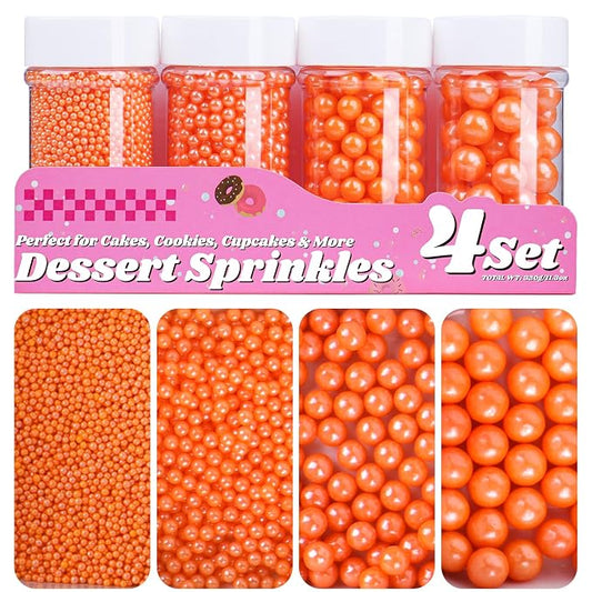 Orange Pearl Sprinkles for Cake Decorating, 11.3oz/320g Edible Pearls Sugar 4 Jars Set for Baking Cupcakes Cookies