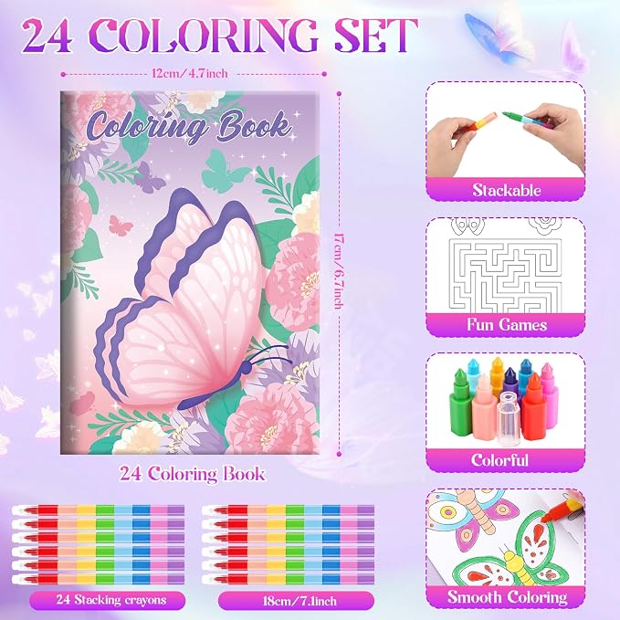 BenLouis 24 Butterfly Mini Coloring Books Kids with 24 Stacking Crayons Butterfly Theme Party Favors Activity Books Bulk for Kids Spring Fairy Birthday Goodie Bag Gift Stuffer Classroom Reward
