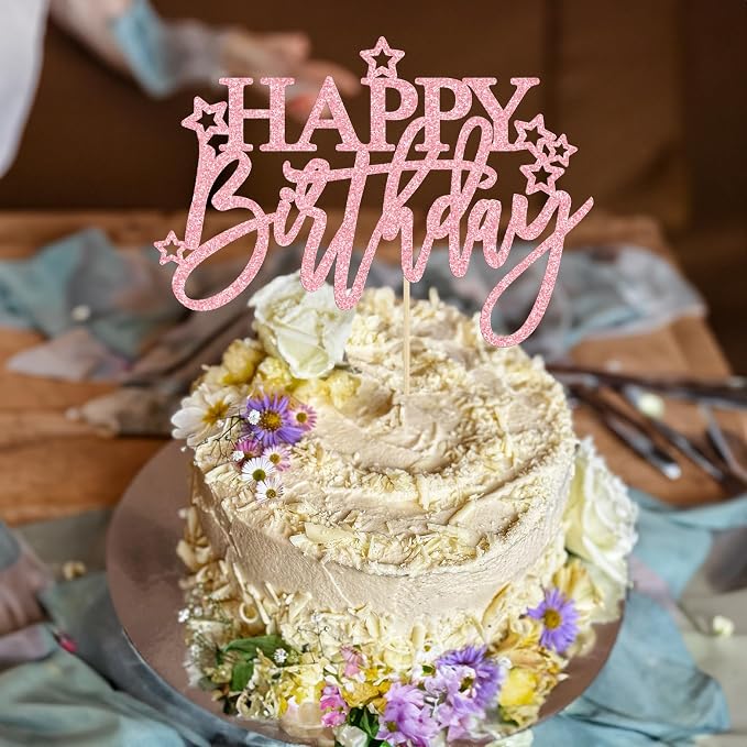 Gyufise 1Pcs Happy Birthday Cake Topper Glitter Happy Birthday Cake Pick for Celebrating Happy Birthday Anniversary Theme Party Cake Decorations Supplies Dark Pink