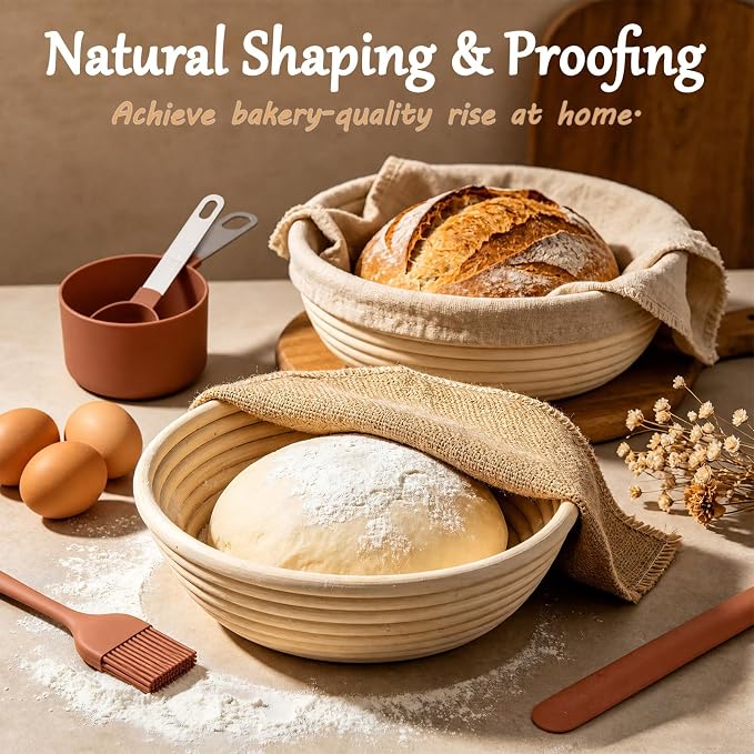 Sourdough Starter Kit, Sourdough Bread Baking Supplies, Banneton Bread Proofing Basket with Starter Jar, Dough Whisk, Scrapers, Recipe, Round Bread Proofing Basket, for Bread Baking