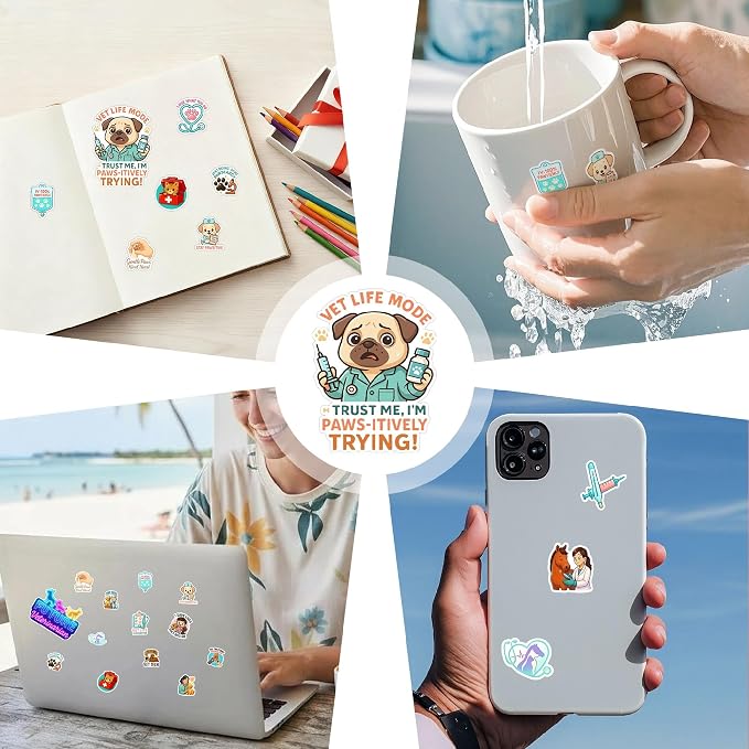 100 PCS Veterinary Stickers, Cute Vet Tech Waterproof Vinyl Sticker for Teens Adults, Animal Doctor Decals for Laptop Water Bottle Scrapbook Wall Decor Gift for Birthday 9 Sheets Students