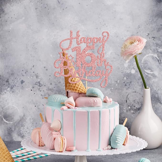 1 Pack Happy 16th Birthday Cake Topper Glitter Sweet 16 Cake Pick Birthday 16th Birthday Cake Decorations for Children 16th Theme Party Supplies Rose Gold