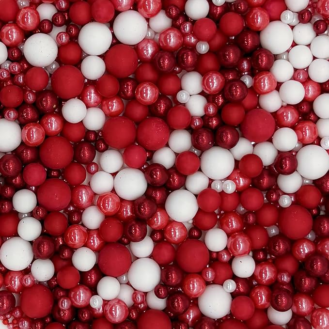 Edible Red Series & White Sugar Pearls Sprinkles Candy Mix Size Pearls Cake Decorations Cupcake Toppers Decorating Perfect for Wedding Party Valentine Supplies 4.58OZ