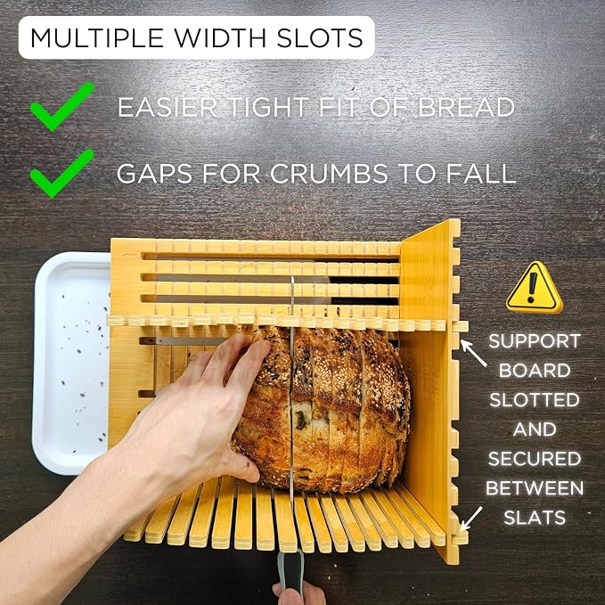 Bamboo Bread Slicer Guide for Homemade Bread, 8" Wide Cutting Board for Sourdough Loaves, Adjustable Widths and 3 Size Thickness with Crumb Tray.