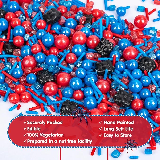 Edible Spider Sprinkles,Black Spider,Hero Sprinkle,Spiderman Sprinkle for Cake,Red Blue Pearls Jimmies and Sanding Sugar Crystals for Desserts Decorating,130g,Cupcakes Cookie Donuts Ice Cream Decorations,Themed Toppers,Birthday,Children's Party Supplies
