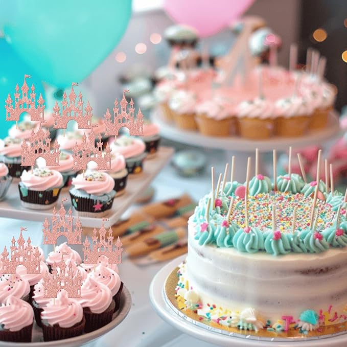 24 PCS Castle Cupcake Toppers Glitter Queen Princess Castle Cupcake Picks Castle Theme Birthday Party Decoration for Princess Birthday Girls Baby Shower Party Cake Decorations Supplies Rose Gold