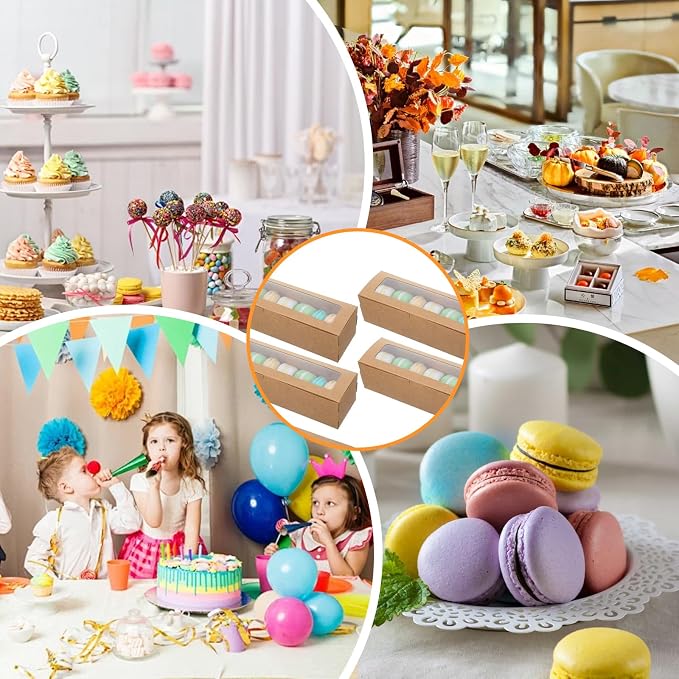 100 Pcs Macaron Boxes with Window Bakery Boxes Long Rectangle Treat Containers for Cookies, Donuts, Pastry, Cookies, Chocolate Covered Strawberry, Brown
