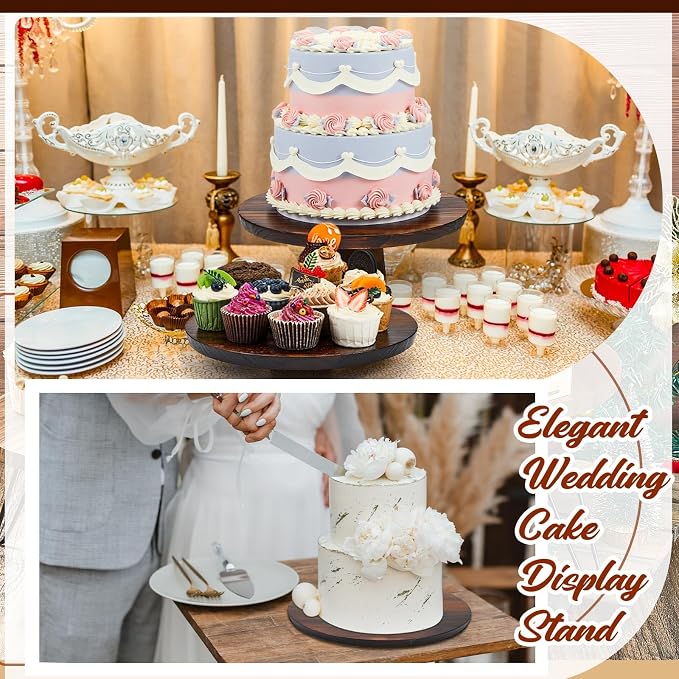Jinei 4 Sets Wood Cake Stand Rustic 12 Inch Rotating Cake Stand Food Round Risers Turntable for Party Cake Base Wood for Display Parties Weddings Restaurants Decorating Supplies