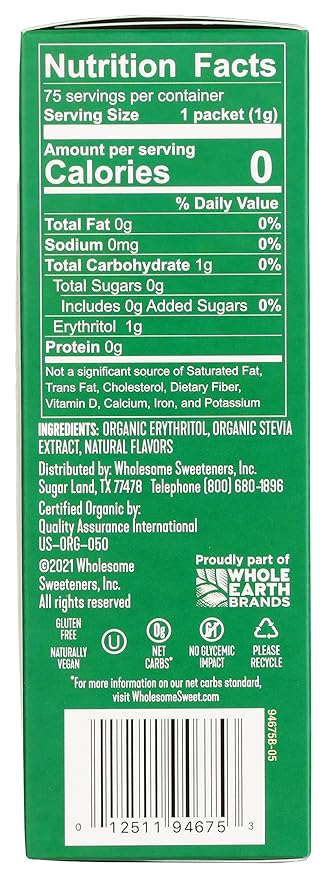 Wholesome Sweeteners Organic Stevia, 75 Count Packets, Zero Calorie Sweetener Blend, Keto Friendly, Non GMO, Gluten Free & Vegan, 1 Pack
