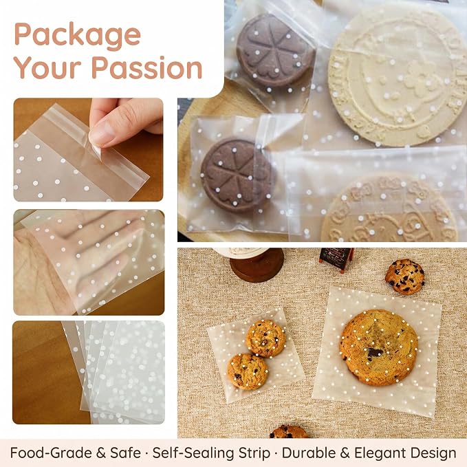 200Pcs White Polka Dot Cookie Bags, Self Sealing Cellophane Bags for Homemade Cookies, Clear Treat Bags with Self Adhesive Seal for Baking, Party Favors and Gift Giving (5.9x5.9 Inches)