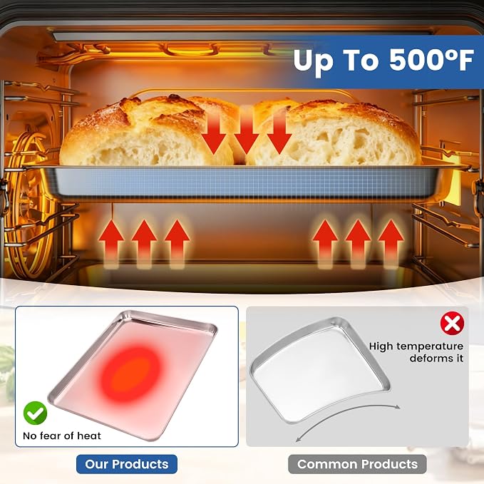 BIEAMA 6 Pack Stainless Steel Toaster Oven Baking Sheets, 17.3 x 12.2 in | Stainless steel pans with no chemical coating, mirror-polished finish and rolled edges; dishwasher safe, oven safe to 500°F.