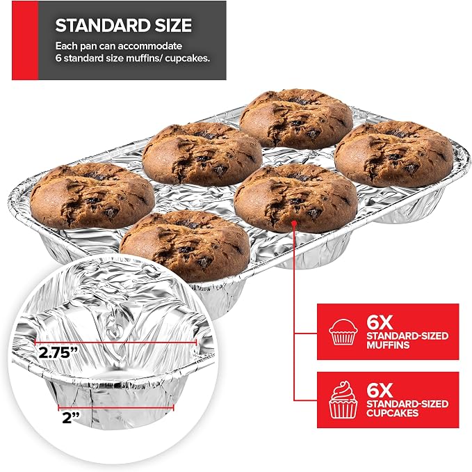 Stock Your Home (20-Count Disposable Muffin Tins 6-Cup, Standard Size Foil Muffin Pans, Aluminum Cupcake Tin for Baking, To-Go Trays for Bake Sales, Parties, Holidays
