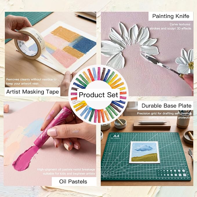 rubens 24 Soft Oil Pastels Set with 30 Sheets, Knife, Board, Tape for Beginners