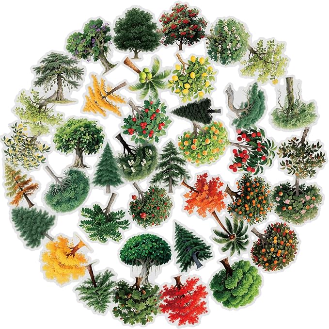56 pcs Tree Plant Clear PET Stickers, Four Seasons Forest Leaf Palm Transparent Die-Cut Decals, Waterproof Aesthetic Stickers for Journal Scrapbook Planner Nature DIY Craft Decor