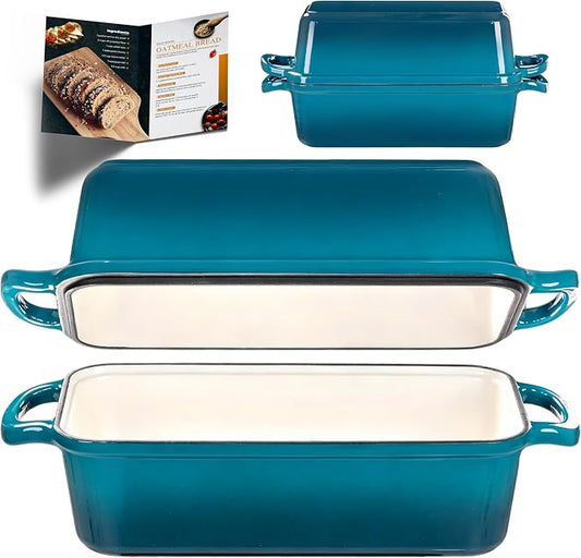 11x5 Inch Cast Iron Loaf Pan with Lid, Large Loaf Pans for Sourdough Bread Baking, Even Heat Distribution Dutch Oven Bread Pan for Homemade Bread, Meatloaf (5.8Qt, Teal)
